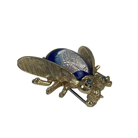 Vintage Faux Lapiz Lazuli Fly Insect Brooch Gold Tone Blue Rhinestone Eyes - Picture 2 of 8